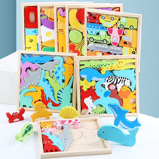 Three-dimensional wooden puzzle for young children. Early teaching hand grip. Fruit, vegetable, traffic.